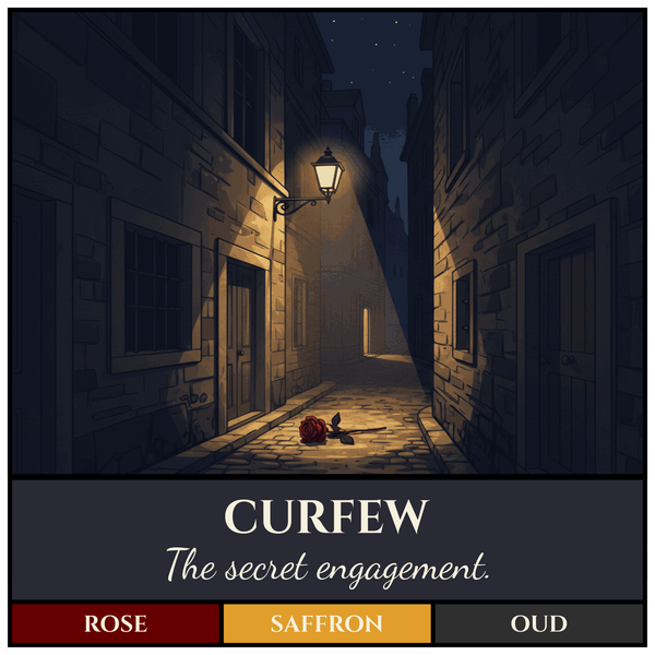 WPA-style poster showing a narrow cobblestone alleyway at night with a single streetlamp casting warm light on an old wooden door, a red rose on the pavement