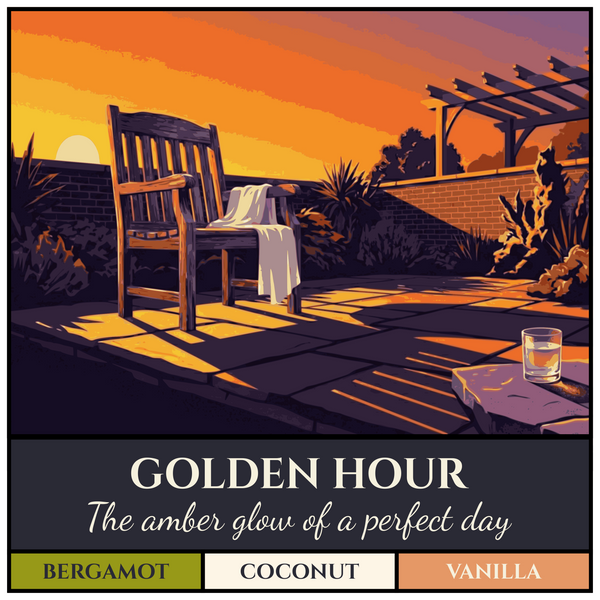 WPA-style poster showing a Mediterranean balcony at golden hour sunset