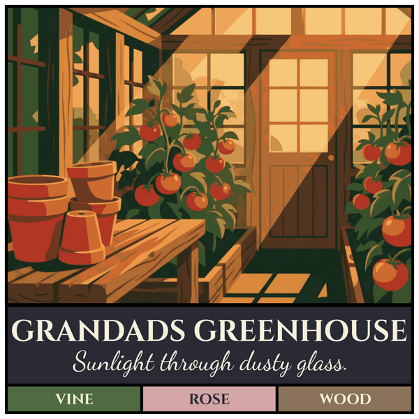 WPA-style poster showing a rustic wooden greenhouse with tomato plants